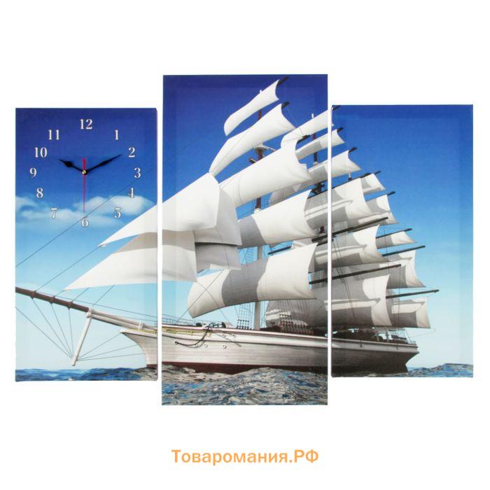 Часы=картина настенные, модульные «Фрегат», бесшумные, 60×80 см, триптих