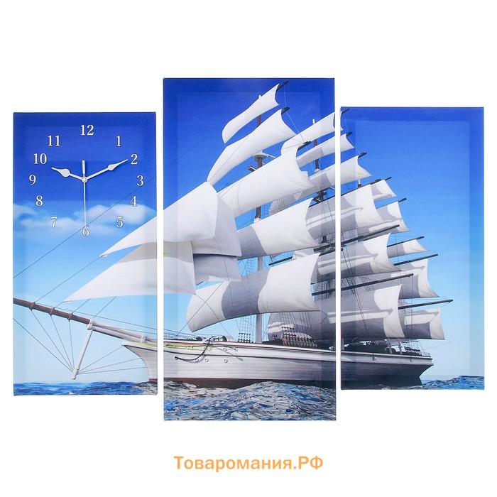 Часы=картина настенные, модульные «Фрегат», бесшумные, 60×80 см, триптих