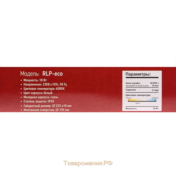 Панель светодиодная IN HOME RLP-eco, 18 Вт, 230 В, 4000 К, 1080 Лм, 225х18мм, круглая, белая