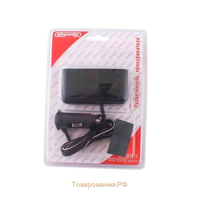 Разветвитель прикуривателя 2 гнезда + USB Skyway черный, предохранитель 10А, USB 1A, S02301016