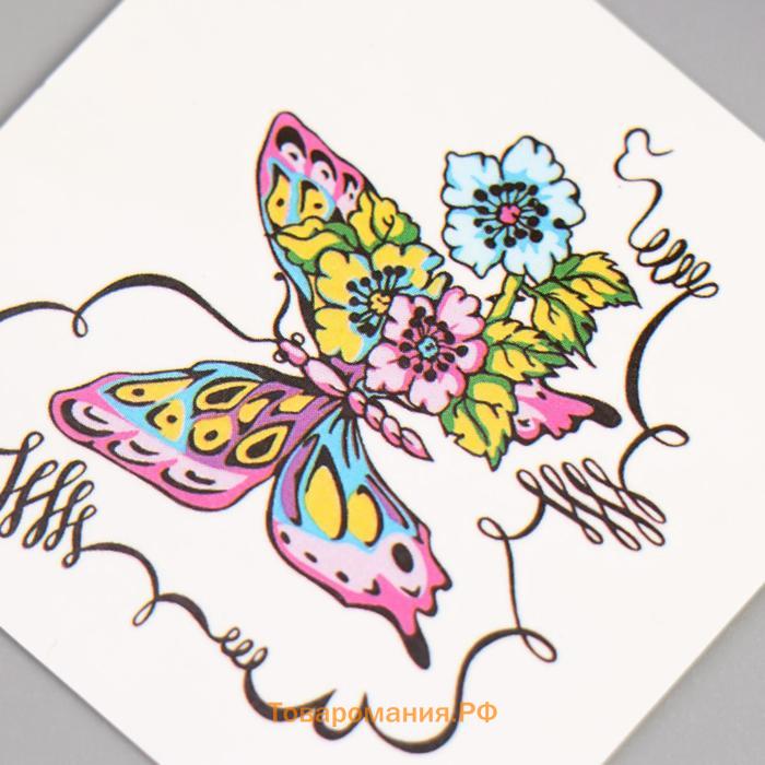 Татуировка на тело цветная "Бабочка и цветы" 6х6 см
