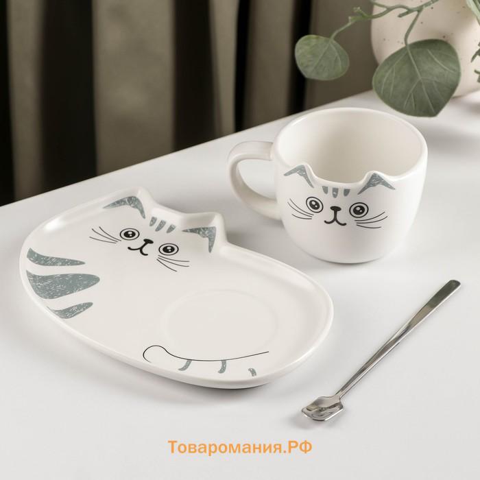 Чайная пара керамическая «Котик», 3 предмета: чашка 200 мл, блюдце 18,5×13,5 см, ложка