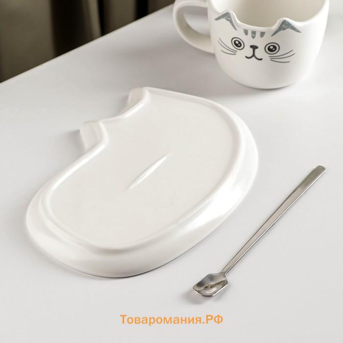 Чайная пара керамическая «Котик», 3 предмета: чашка 200 мл, блюдце 18,5×13,5 см, ложка
