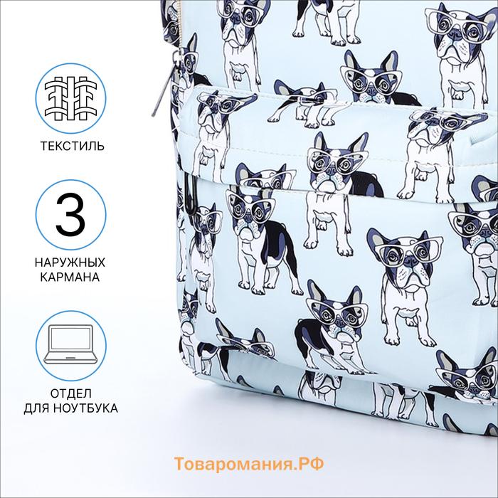 Набор: рюкзак школьный и пенал, с карманами, с принтом Pug, голубой