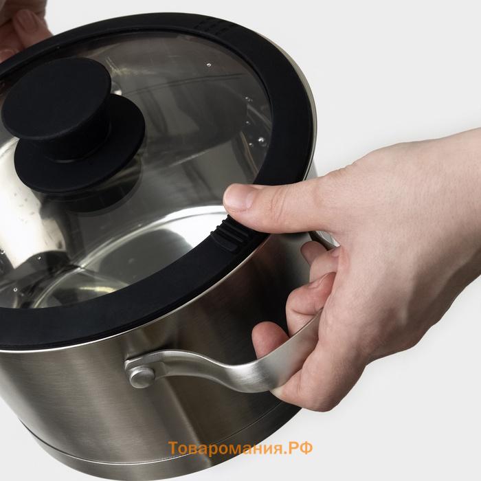 Крышка Magistro, d=18 см, со сливом, с силиконовым ободком и ручкой, жаропрочное стекло