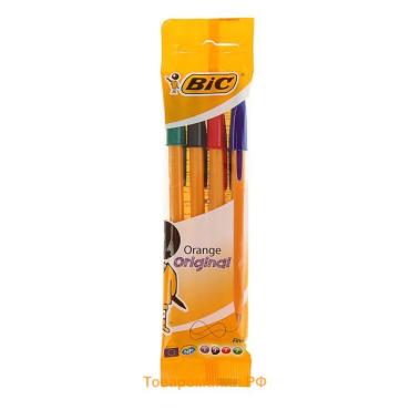 Набор ручек шариковых, BIC Orange Fine, 4 штуки, узел 0.8 мм, чернила синие, черные, красные, зелёные, тонкое письмо, оранжевый корпус, увеличенный ресурс длины письма