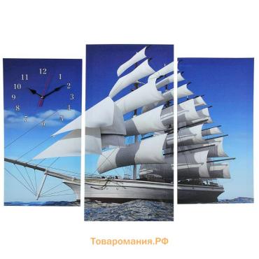 Часы=картина настенные, модульные «Фрегат», бесшумные, 60×80 см, триптих