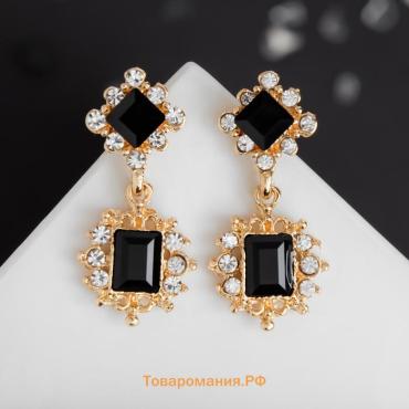 Серьги со стразами «Ажур» дуэт, чёрные в золоте