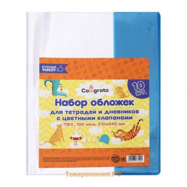 Набор обложек ПВХ 10 штук, 210 х 345 мм, 100 мкм, для тетрадей и дневников (в мягкой обложке), с цветными клапанами, МИКС