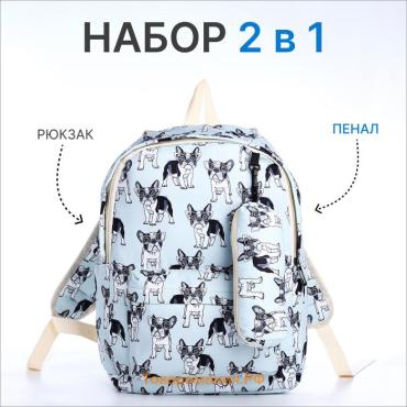 Набор: рюкзак школьный и пенал, с карманами, с принтом Pug, голубой