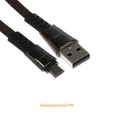 Кабель MicroUSB - USB, 2.4 А, оплётка ткань, плоский, 1 метр, чёрный